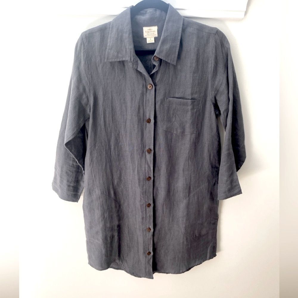 Vikolino European Linen Shirt Dress S Small Gray Lagenlook Button Down Classic - Picture 4 of 10